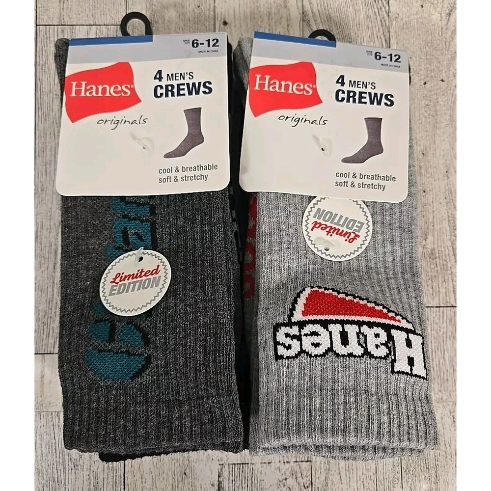 Hanes Socks Crew Mens 4pk Shoe Size 6-12 Lot of 2 Soft Stretchy Gray White Black